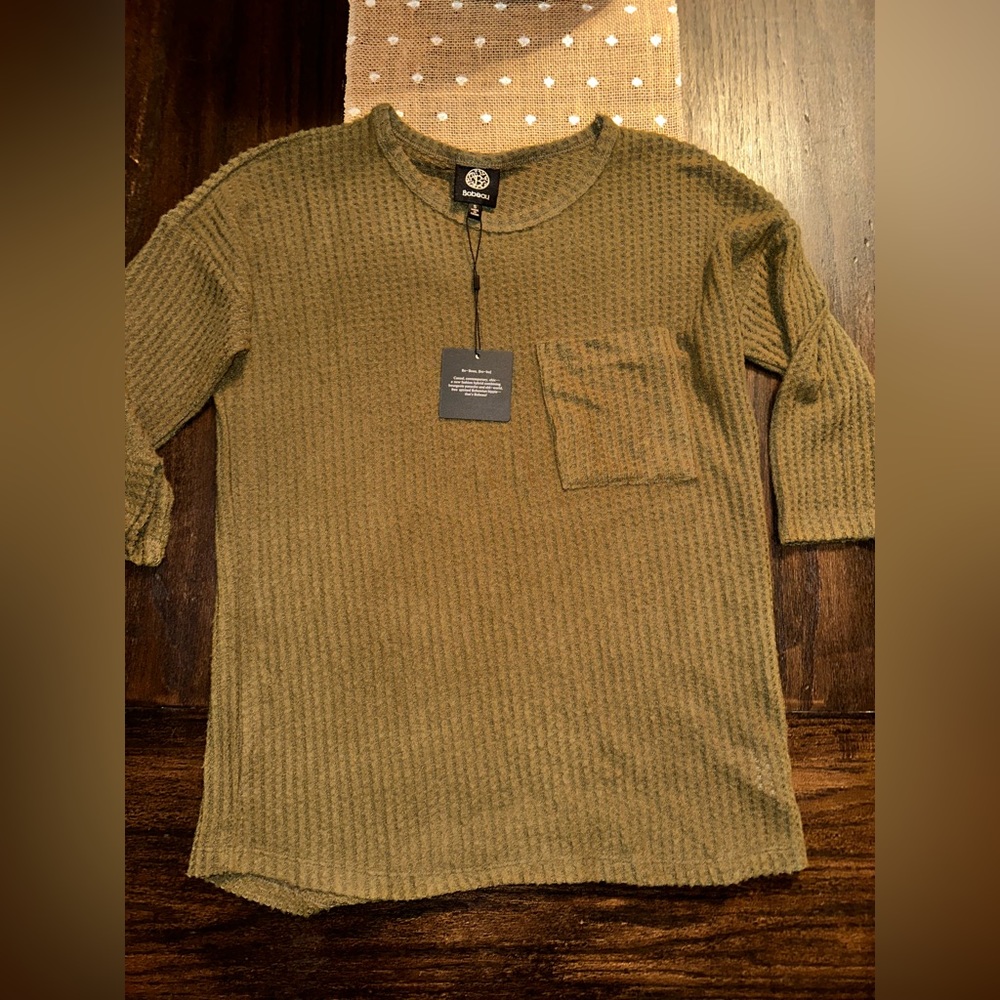 Bubeau Waffle Weave Soft 3/4 Sleeve Olive Sweater